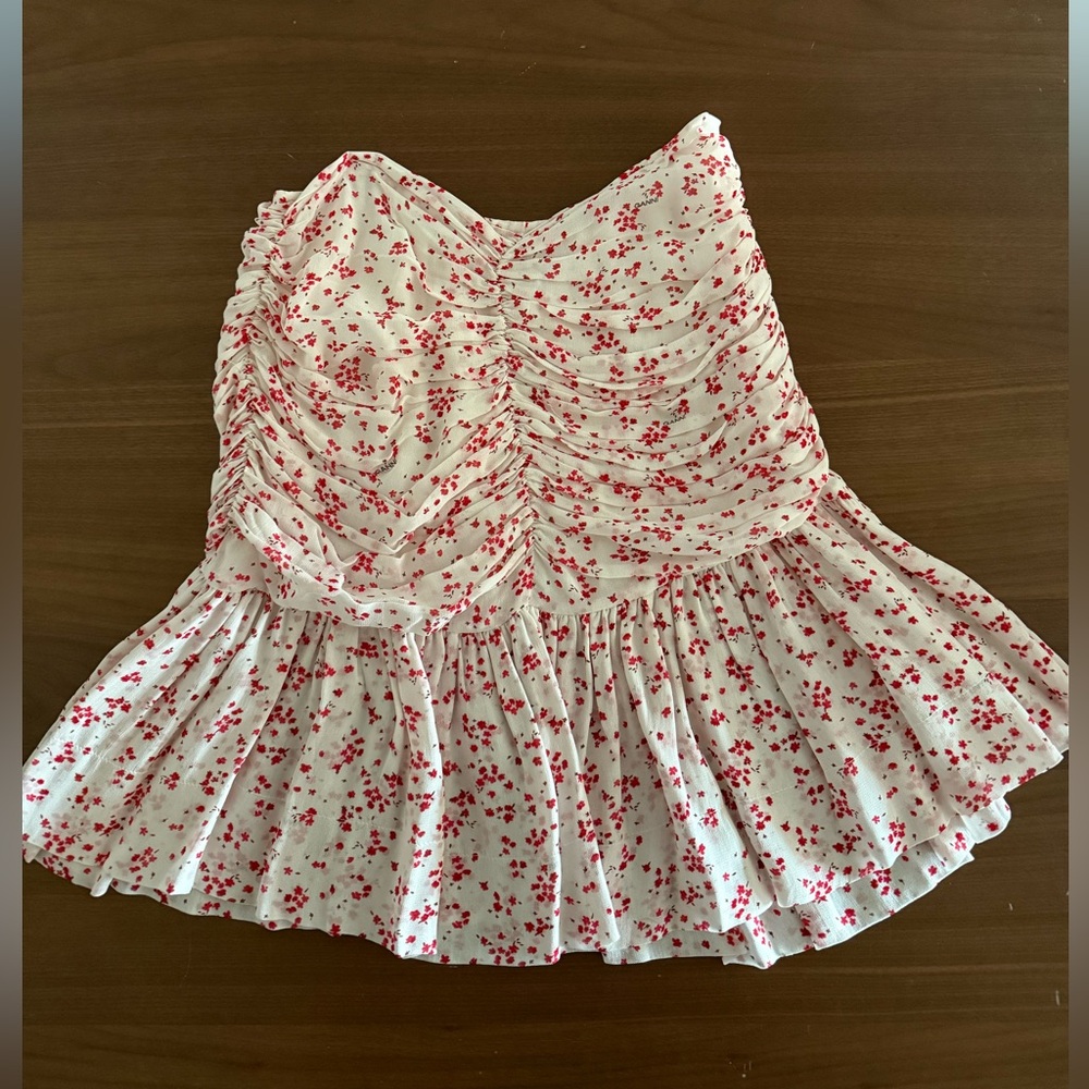 Ganni White Mini Dress with Red Floral Print